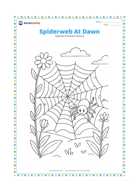 Colouring page: A dew-covered spiderweb stretches between flowering garden stems at dawn, with a friendly eight-legged spider near its centre, distant leaves and a low morning sky. Include repeated web…
