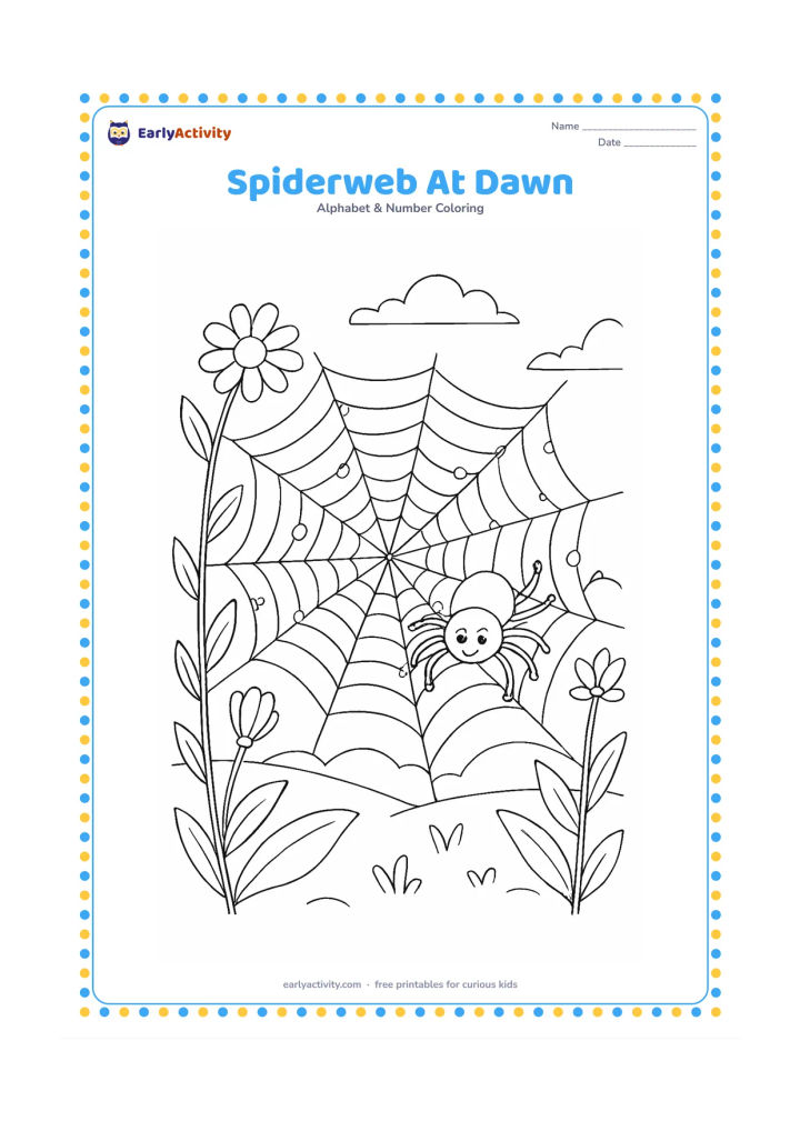Colouring page: A dew-covered spiderweb stretches between flowering garden stems at dawn, with a friendly eight-legged spider near its centre, distant leaves and a low morning sky. Include repeated web…