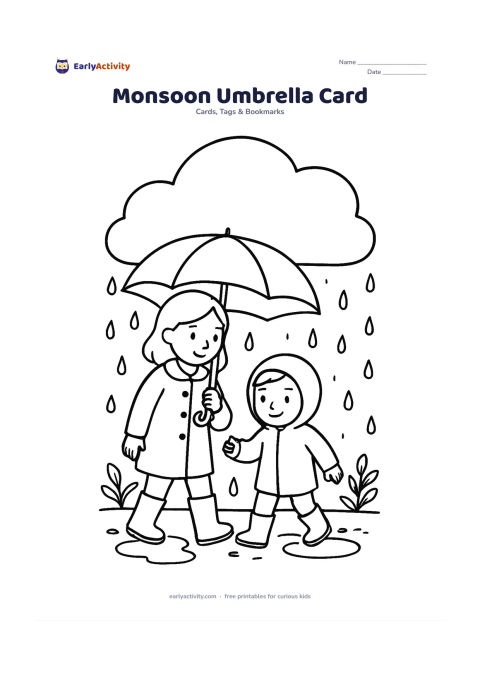 Worksheet: A mother and child share a large umbrella while walking through gentle rain, with puddles, rain boots and a few leafy plants around them. Reserve a large dry cloud shape for a personal…