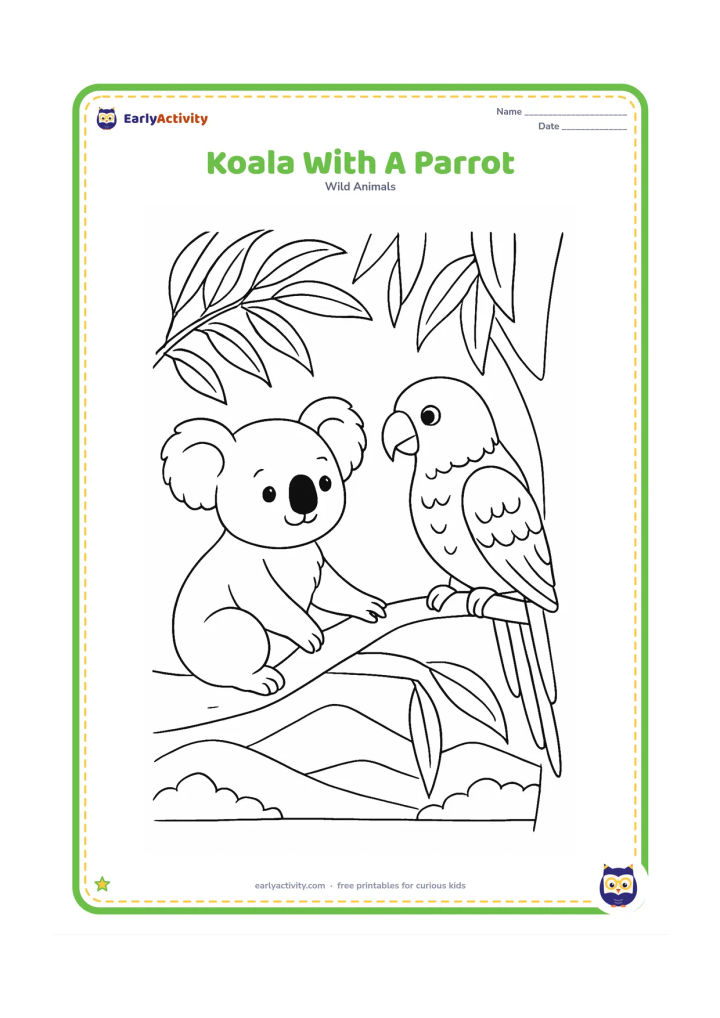 Colouring page: Draw a koala sitting on a branch beside a friendly parrot, with both animals looking toward each other. Add layered eucalyptus leaves, a tree fork and distant hills.