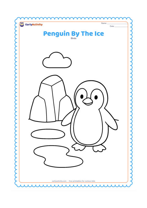 Colouring page: Draw a standing penguin beside one large, rounded iceberg and a small pool of water. Include a simple cloud and a curved snowy ground line.