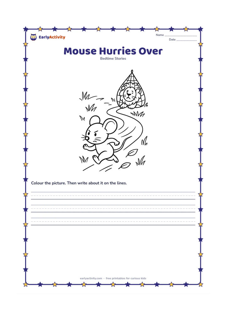 Printable: The mouse runs quickly along a winding path toward the trapped lion, carrying a determined expression. Include bent grass, scattered leaves and the net visible in the distance.