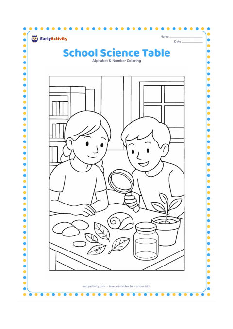 Colouring page: A classroom table holds a magnifying glass, smooth stones, leaves, a shell, a plant pot and a clear jar, while two children observe the objects. Include shelves and a window in the…