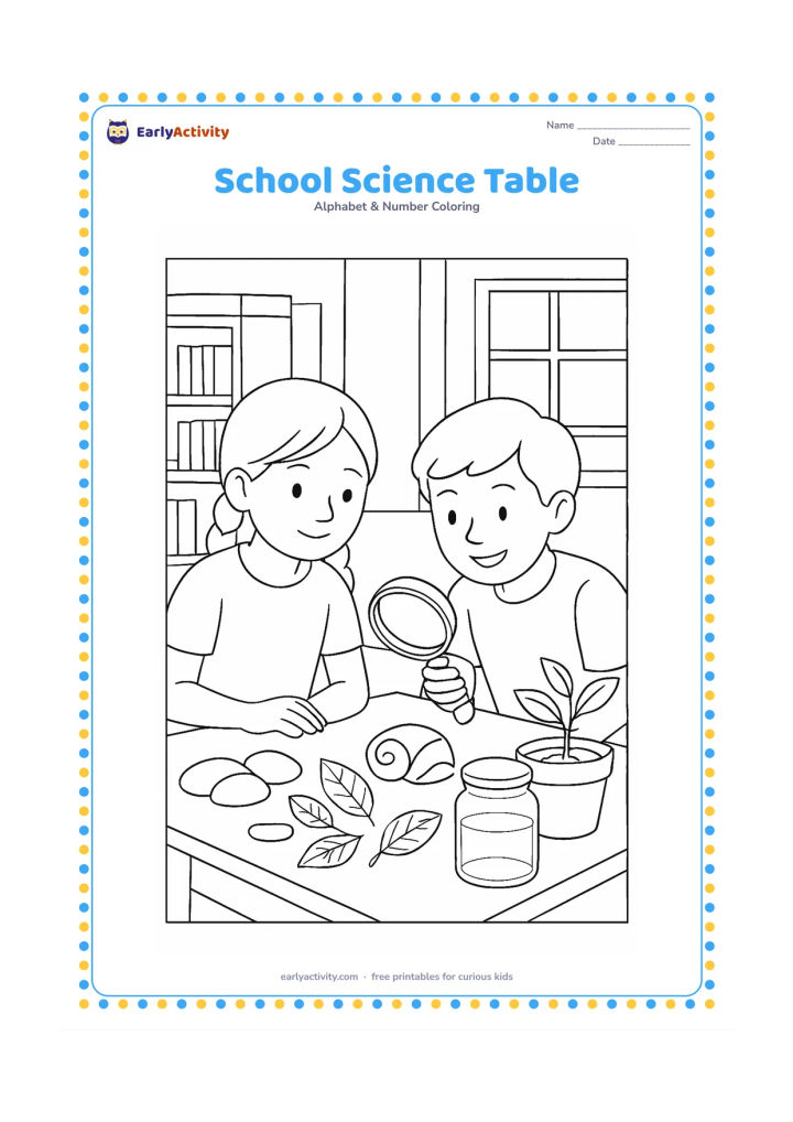 Colouring page: A classroom table holds a magnifying glass, smooth stones, leaves, a shell, a plant pot and a clear jar, while two children observe the objects. Include shelves and a window in the…