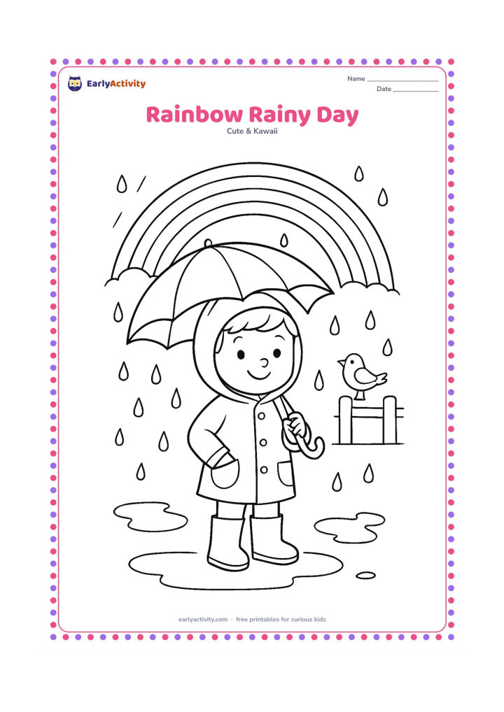 Colouring page: A smiling child in a raincoat holds an umbrella beneath a rainbow, with puddles, raindrops and two cheerful boots visible. Add a small bird perched on a fence in the background.