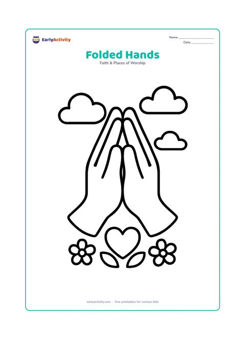 Colouring page: Large pair of folded praying hands centered on the page, with a small heart-shaped flower arrangement below and a few soft clouds behind them.