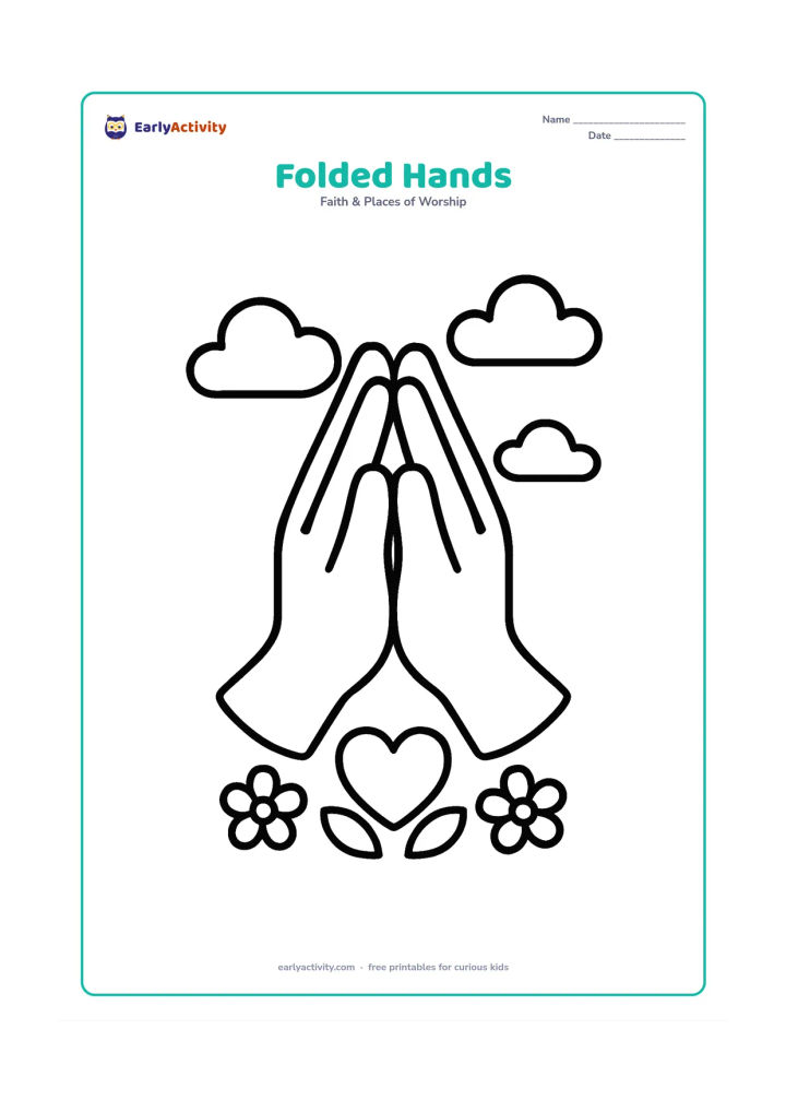 Colouring page: Large pair of folded praying hands centered on the page, with a small heart-shaped flower arrangement below and a few soft clouds behind them.