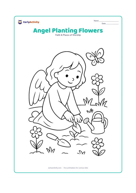 Colouring page: An angel kneels in a garden, placing a small seedling into the soil with a hand trowel nearby. Show several flowers at different stages, a watering can and a butterfly in the background.