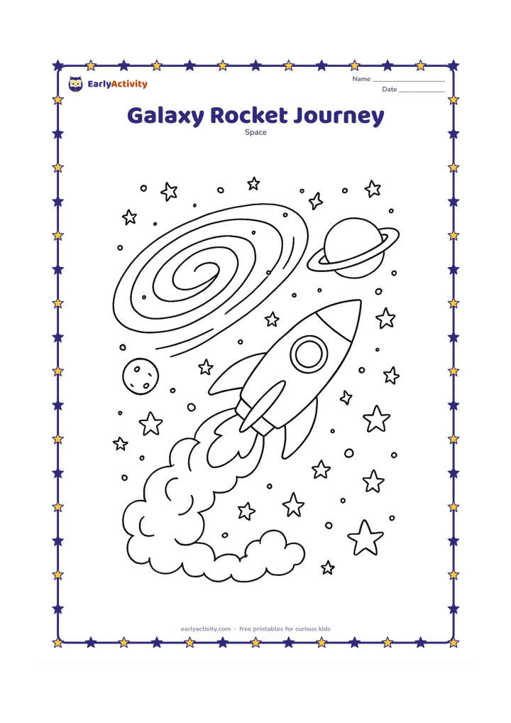 Colouring page: A rocket curves around a spiral galaxy as it travels toward a ringed planet, with a trail of rounded smoke shapes, stars and a small moon. Show the rocket at an angle to create a sense…