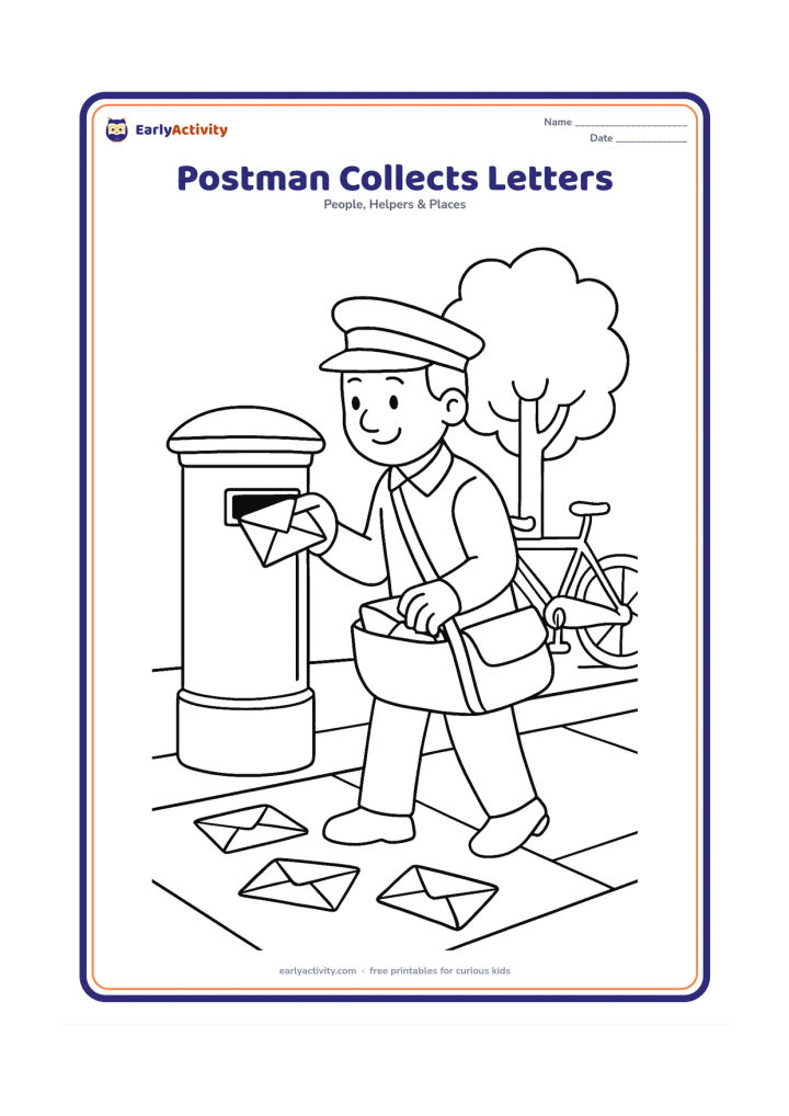 Colouring page: A postman opens a public postbox and places collected envelopes into his shoulder bag. Show a pavement, tree, bicycle and several blank envelopes.