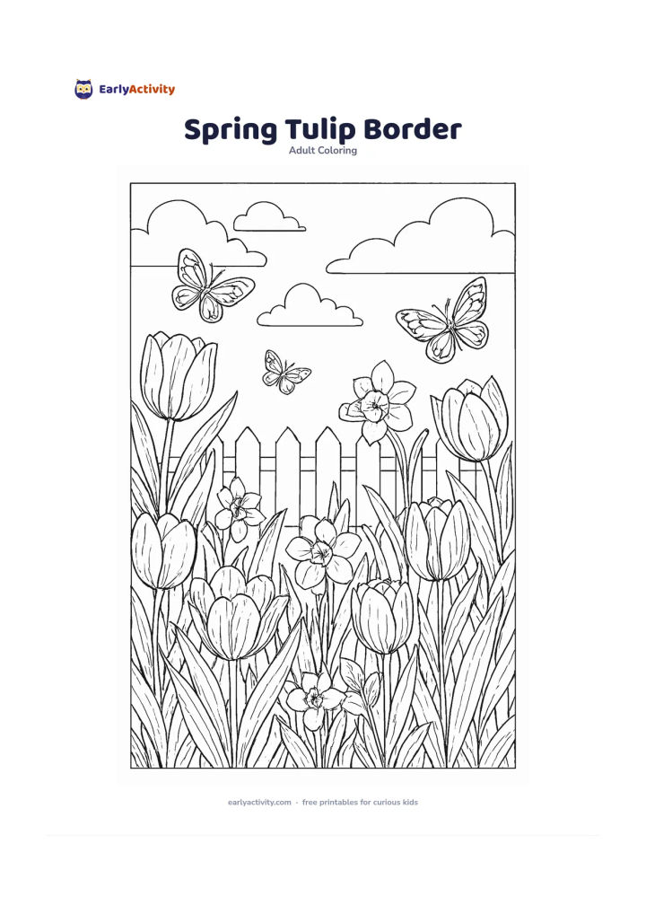 Colouring page: Draw a garden border filled with tulips in different poses, daffodils, young leaves and butterflies, with a picket fence and a bright spring sky behind it. Show one close-up tulip…