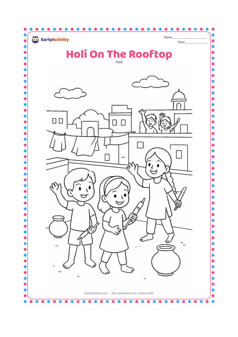 Colouring page: Three children on a safe open rooftop hold pichkaris and wave to friends on a neighbouring terrace. Include parapet walls, water pots, clotheslines and distant Indian rooftops.