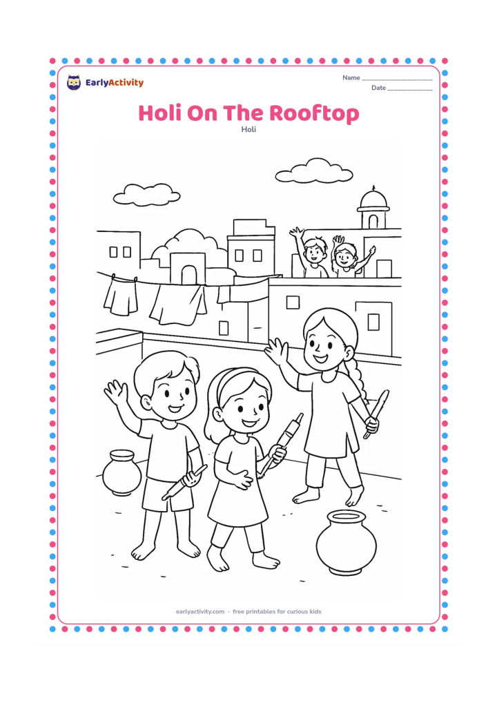 Colouring page: Three children on a safe open rooftop hold pichkaris and wave to friends on a neighbouring terrace. Include parapet walls, water pots, clotheslines and distant Indian rooftops.