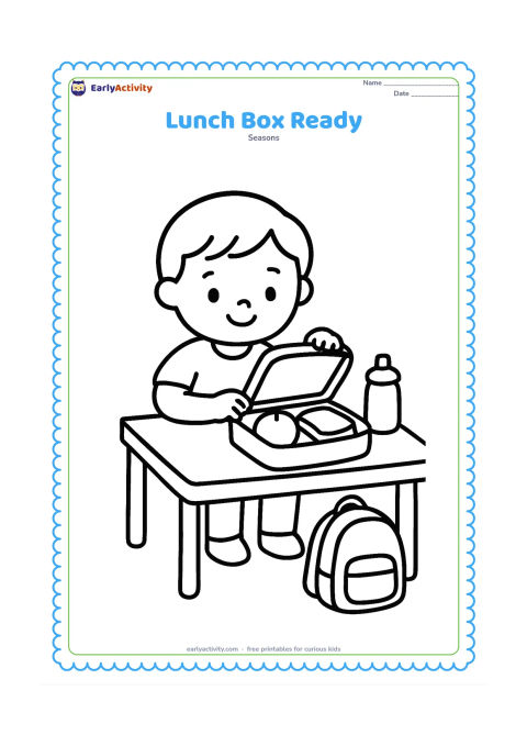Colouring page: A child sits at a table opening a lunch box with a round fruit and a sandwich inside. Place a school bag on the floor and a water bottle beside the table.