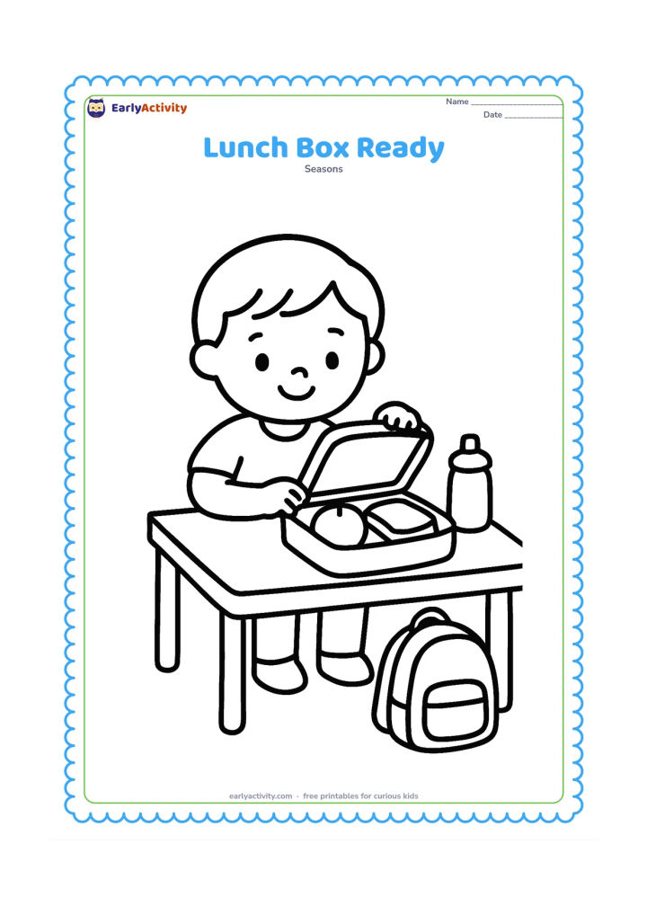 Colouring page: A child sits at a table opening a lunch box with a round fruit and a sandwich inside. Place a school bag on the floor and a water bottle beside the table.