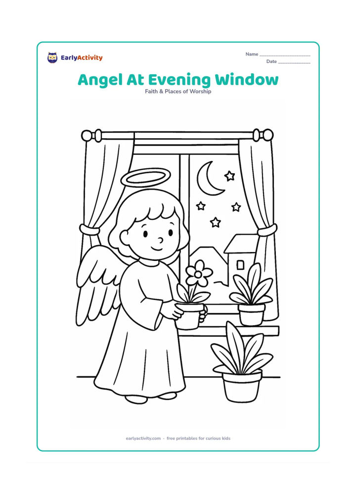 Colouring page: A friendly angel stands beside an open home window at dusk, holding a small flower pot. Show curtains, potted plants, a crescent moon, stars and rooftops beyond the window.