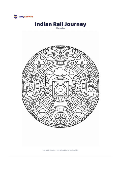 Colouring page: Create a circular mandala with a small front-facing train engine at the centre, surrounded by repeating wheels, tracks, clouds, trees and window-like geometric panels. Add two seated…