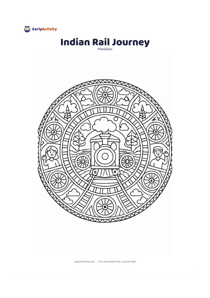 Colouring page: Create a circular mandala with a small front-facing train engine at the centre, surrounded by repeating wheels, tracks, clouds, trees and window-like geometric panels. Add two seated…