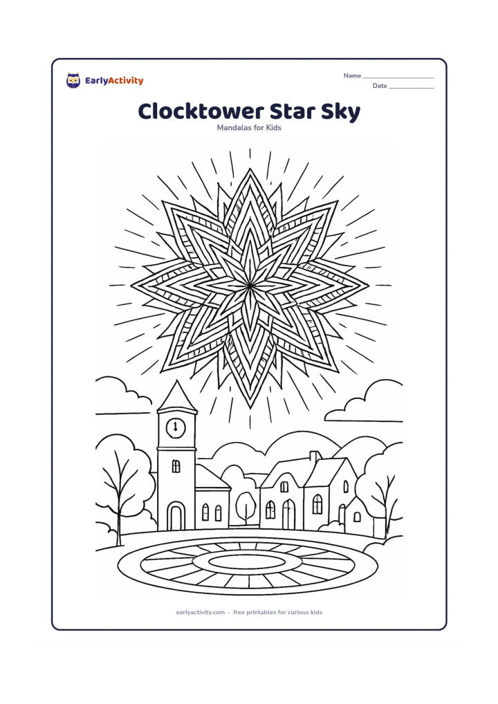 Colouring page: Draw an intricate star mandala above a quiet town square at dusk, with a plain clocktower, curved rooftops, trees and a few glowing window shapes. The clock face must have no numbers or…
