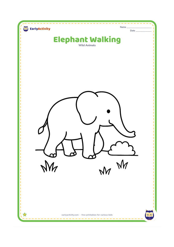 Colouring page: Draw one elephant walking to the right with one front foot lifted and its trunk gently lowered. Add a simple ground line, three grass clumps and one round bush.