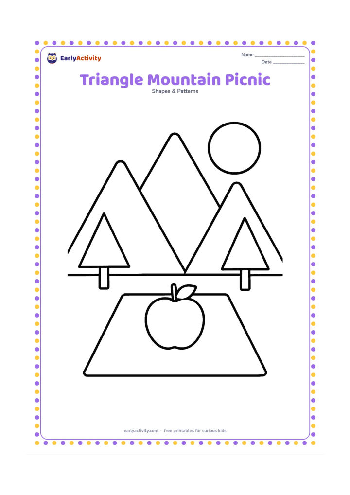 Colouring page: Draw three large triangular mountains behind a picnic blanket made from a rectangle, with a round sun and two simple triangular trees. Place one large apple-shaped circle on the blanket.