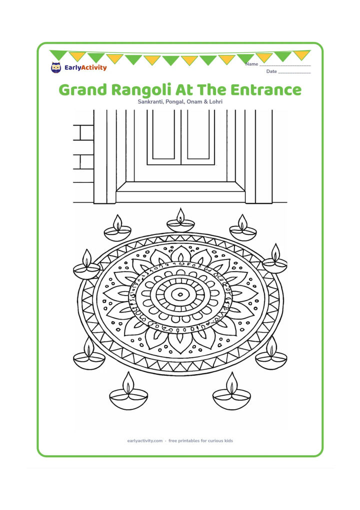 Colouring page: A large floor rangoli fills the entrance of an Indian home, built from repeating lotus petals, concentric circles, leaves, dots, and geometric borders, with diyas around the edge.