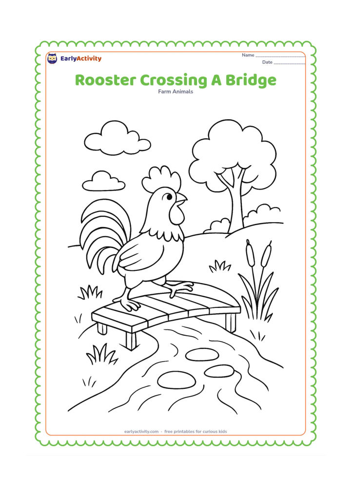 Colouring page: Draw a rooster walking across a small wooden bridge over a narrow stream. Include reeds, stepping stones, a tree and a few clouds.