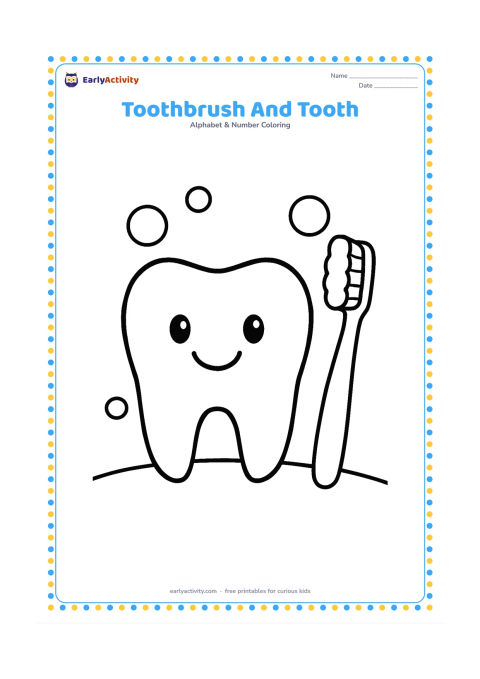 Colouring page: Draw a large smiling tooth beside a simple toothbrush, with a few water bubbles around them. Use a plain background and a low curved ground line.