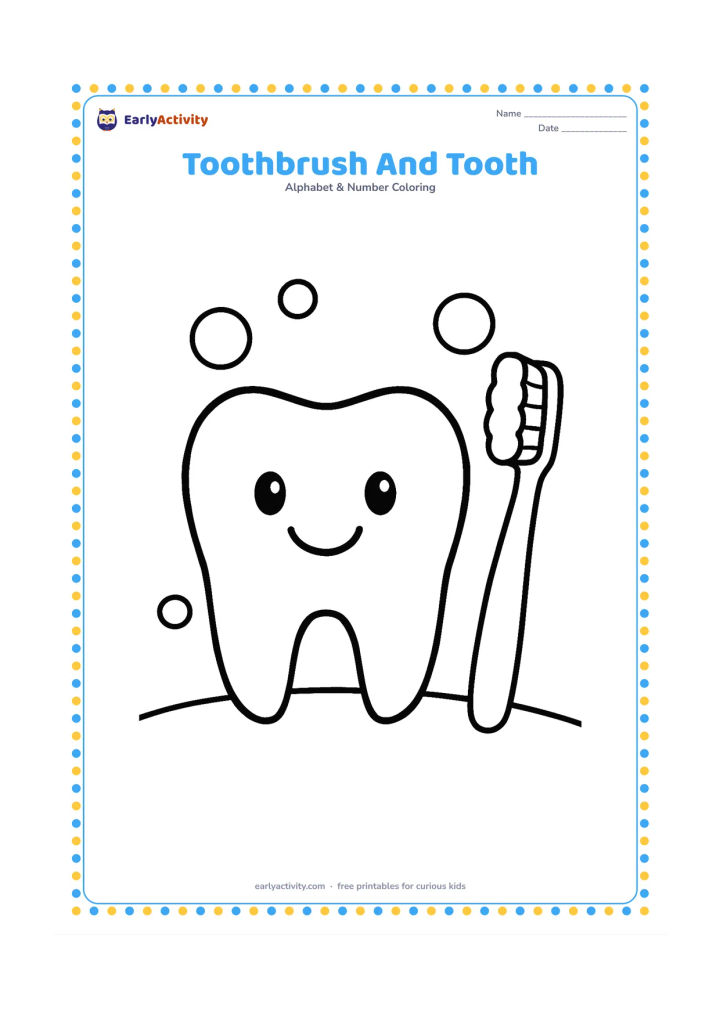 Colouring page: Draw a large smiling tooth beside a simple toothbrush, with a few water bubbles around them. Use a plain background and a low curved ground line.