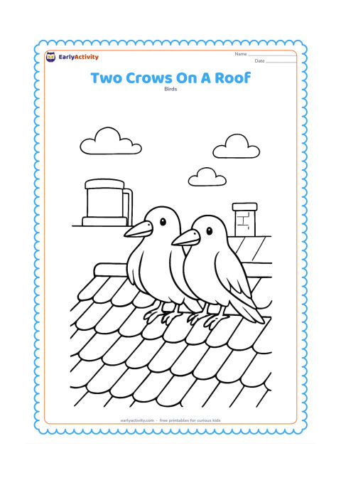 Colouring page: Two crows sit together on the edge of a tiled rooftop, with a small water tank, a chimney, and distant clouds behind them.