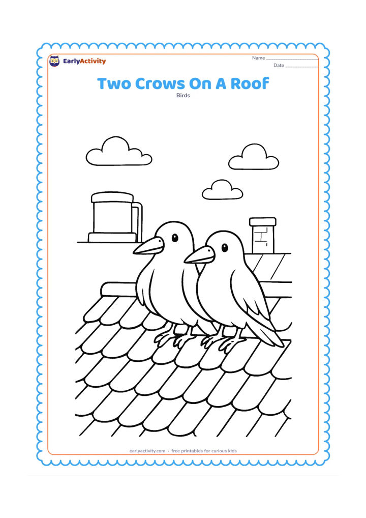 Colouring page: Two crows sit together on the edge of a tiled rooftop, with a small water tank, a chimney, and distant clouds behind them.