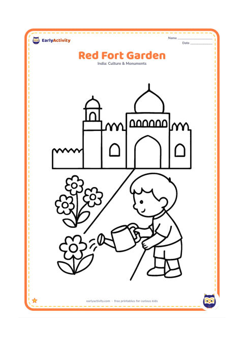 Colouring page: Draw the Red Fort behind a simple garden with two large flower patches, a straight pathway and a child watering one plant. Include the fort gate and one dome in the background.