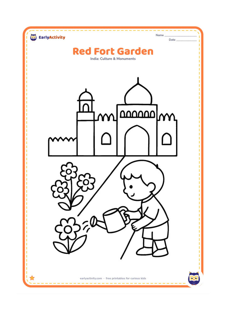 Colouring page: Draw the Red Fort behind a simple garden with two large flower patches, a straight pathway and a child watering one plant. Include the fort gate and one dome in the background.
