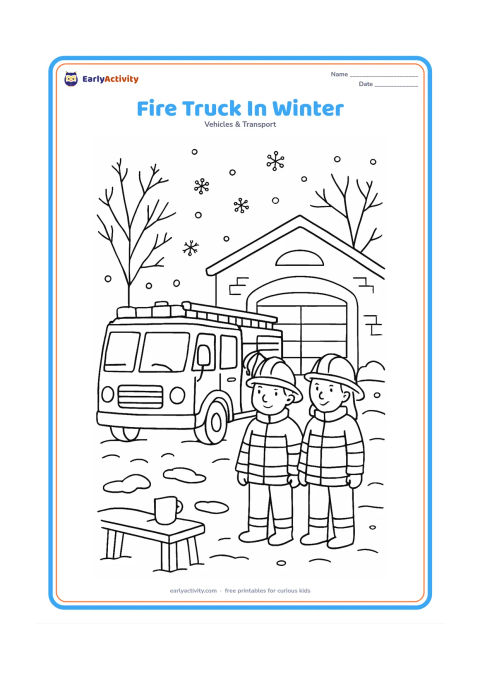 Colouring page: Draw a fire engine parked on a chilly morning outside a station, with two firefighters wearing helmets and warm jackets. Add bare trees, soft snow patches, a hose reel and a steaming cup…