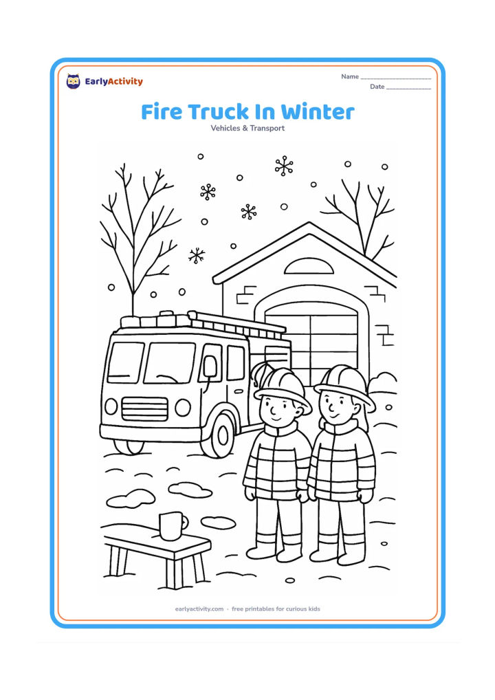Colouring page: Draw a fire engine parked on a chilly morning outside a station, with two firefighters wearing helmets and warm jackets. Add bare trees, soft snow patches, a hose reel and a steaming cup…