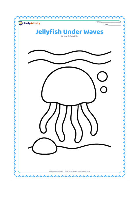 Colouring page: Draw a single jellyfish beneath two broad, curving ocean waves, with a large bell and five thick tentacles. Include one rounded rock and two big bubbles on the sea floor.