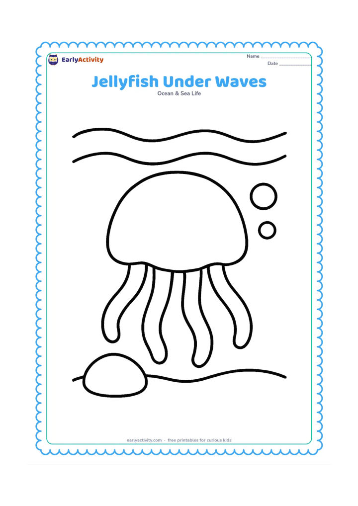 Colouring page: Draw a single jellyfish beneath two broad, curving ocean waves, with a large bell and five thick tentacles. Include one rounded rock and two big bubbles on the sea floor.