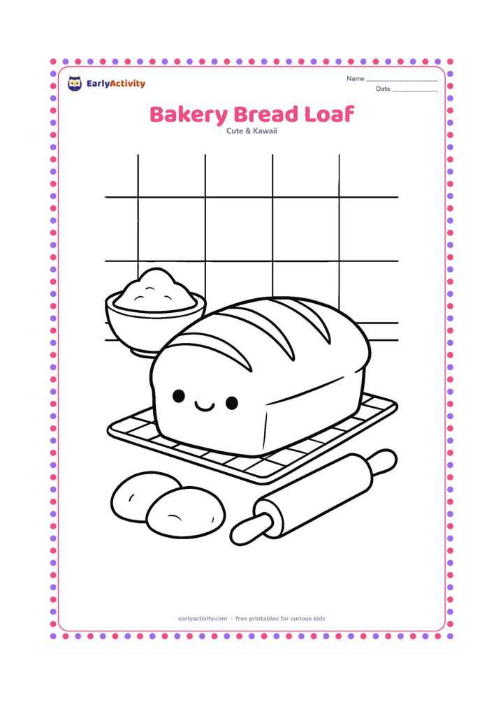 Colouring page: Draw a smiling loaf of bread on a cooling rack in a home kitchen, with a flour bowl, rolling pin and two dough blobs nearby. Add a simple tiled backsplash without signs or labels.
