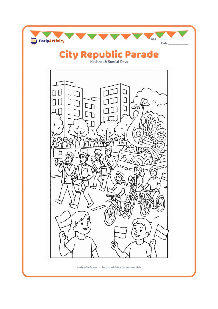 Colouring page: A lively Republic Day parade moves through a broad Indian city street, with children waving flags, a marching band, decorated bicycles and a large decorated float shaped like a peacock.…
