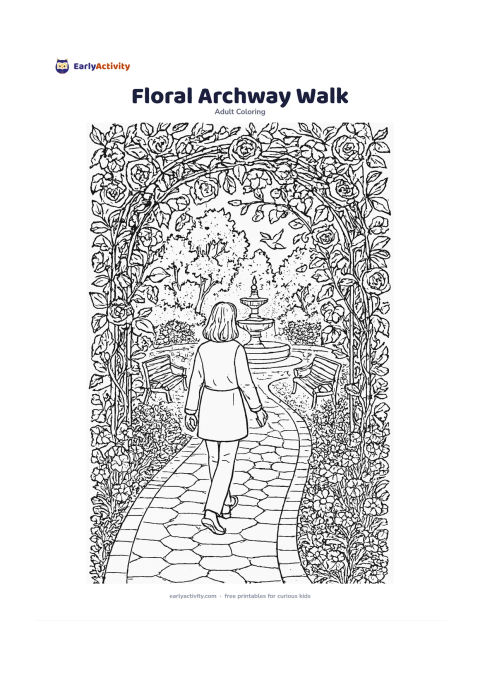 Colouring page: Draw a person walking beneath an arch covered in climbing roses, morning glories and leafy vines, with a garden path leading toward a fountain. Add benches, flowering borders and birds…