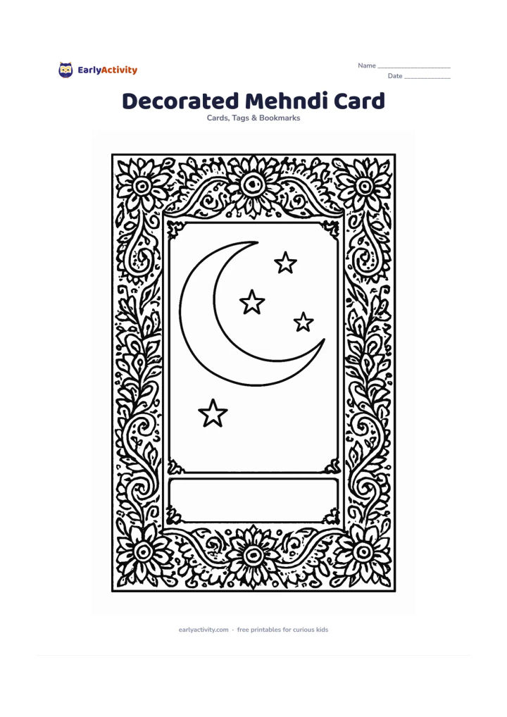 Worksheet: A card front is framed by an intricate floral and geometric border inspired by mehndi patterns, with a central crescent moon and small stars. Leave the centre of the moon and a lower…