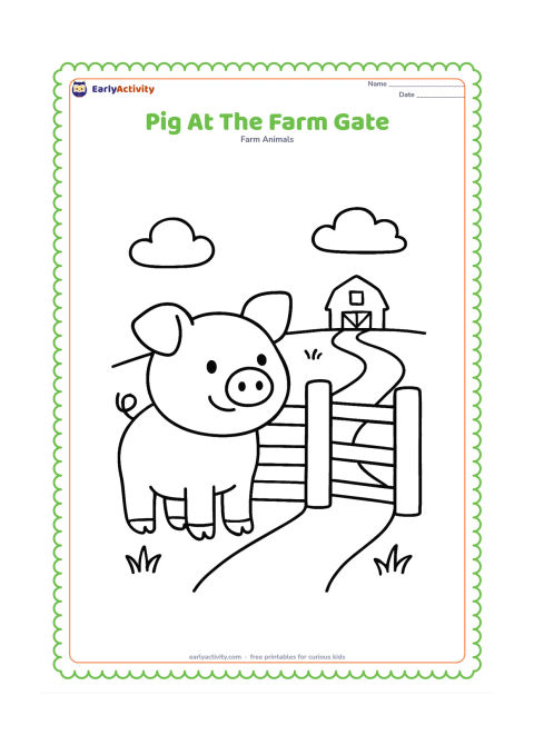 Colouring page: A pig stands beside an open farm gate, looking toward a path that leads to a small barn in the distance. Add two clouds and a few grass tufts.