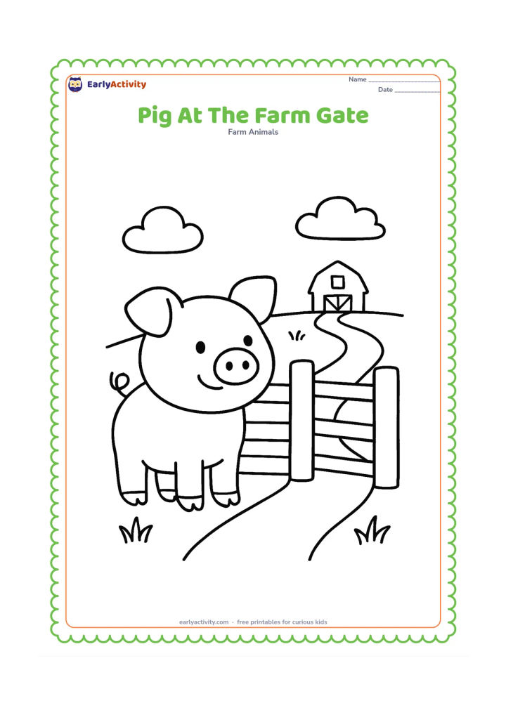Colouring page: A pig stands beside an open farm gate, looking toward a path that leads to a small barn in the distance. Add two clouds and a few grass tufts.