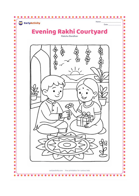Colouring page: Siblings celebrate in an Indian courtyard at sunset, with one tying a rakhi and the other holding a gift. Include a rangoli made of simple repeated shapes, flower strings, potted plants,…