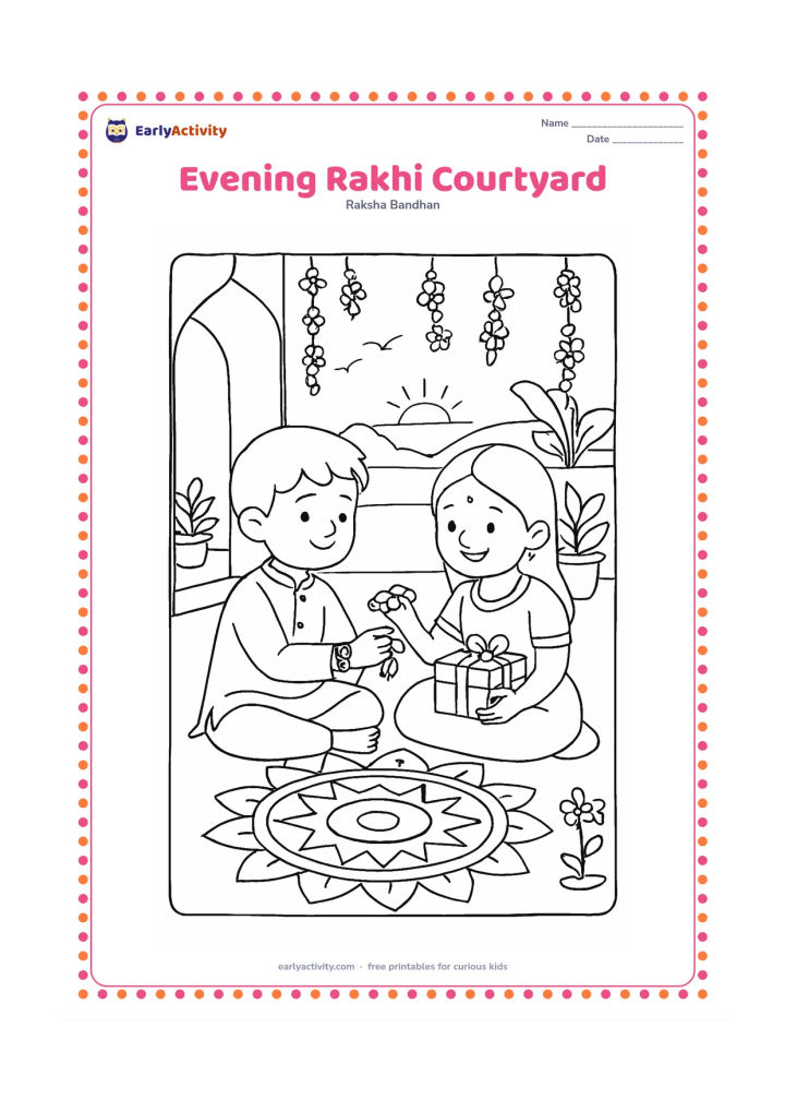 Colouring page: Siblings celebrate in an Indian courtyard at sunset, with one tying a rakhi and the other holding a gift. Include a rangoli made of simple repeated shapes, flower strings, potted plants,…
