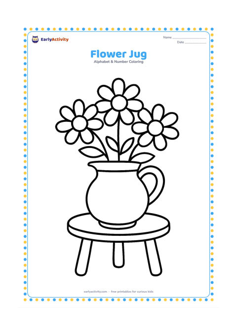 Colouring page: Draw a round jug holding three large flowers with simple leaves. Place the jug on a small table with one large curved handle and a wide spout.