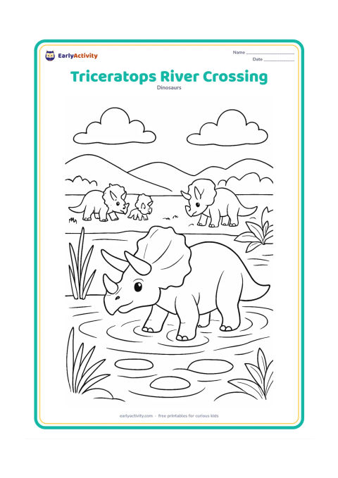 Colouring page: A triceratops wades through a shallow prehistoric river while two smaller triceratops wait on the opposite bank. Include ripples, reeds, broad-leaf plants, stepping stones, and distant…