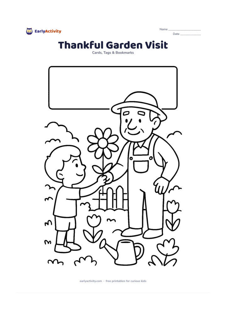 Worksheet: A child presents a large flower to an elderly gardener in a garden with flower beds, a watering can and a low fence. Place a generous blank message panel in the sky area or along the…
