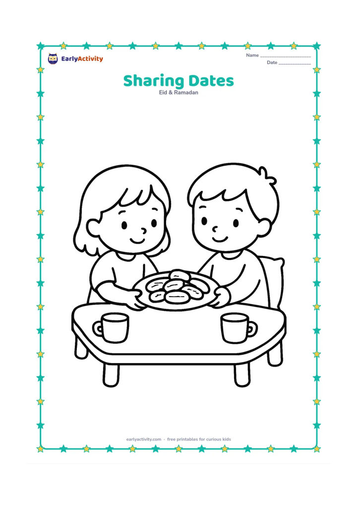 Colouring page: Draw two young children sitting at a low table and offering each other a large plate of dates. Include two cups and a simple cushion behind them.