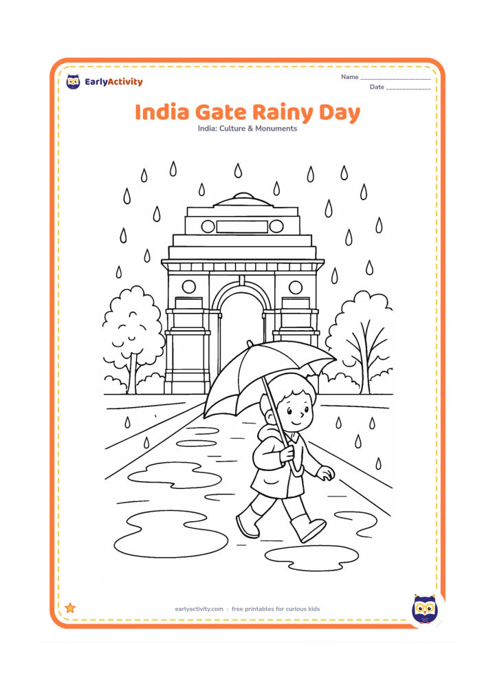 Colouring page: Show India Gate during a gentle rain shower, with a child holding an umbrella on the paved walkway and puddles reflecting the arch. Add leafy trees in the background.